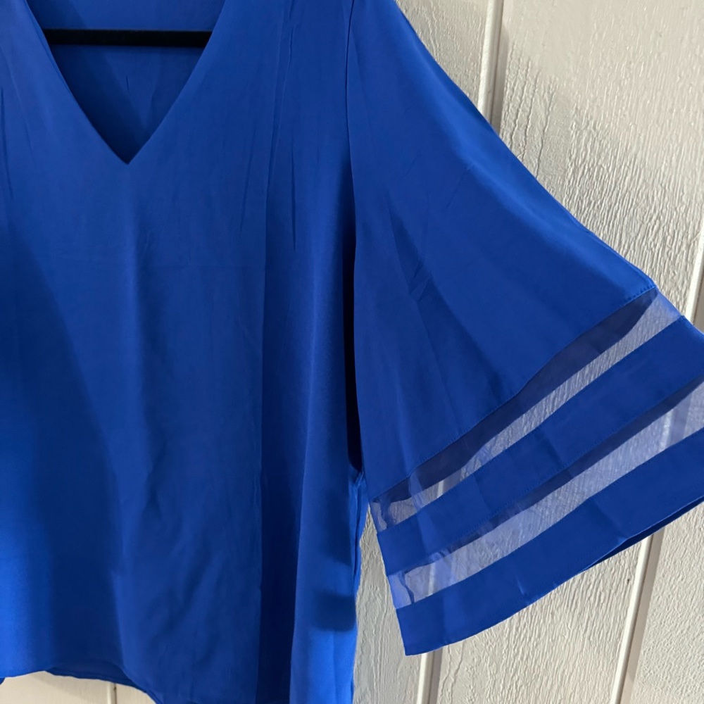 3XL Royal Blue V-Neck Blouse with Sheer Sleeves - Picture 2 of 4